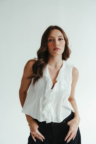 “White cotton Delaney Blouse with ruffle front and vintage lace trim, V-neckline, lightweight and romantic fit